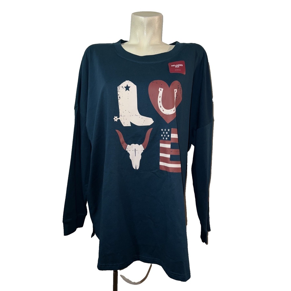 New Ariat Womens Sz 2X Relaxed Fit LOVE Graphic Long Sleeve Jersey Top Teal Blue